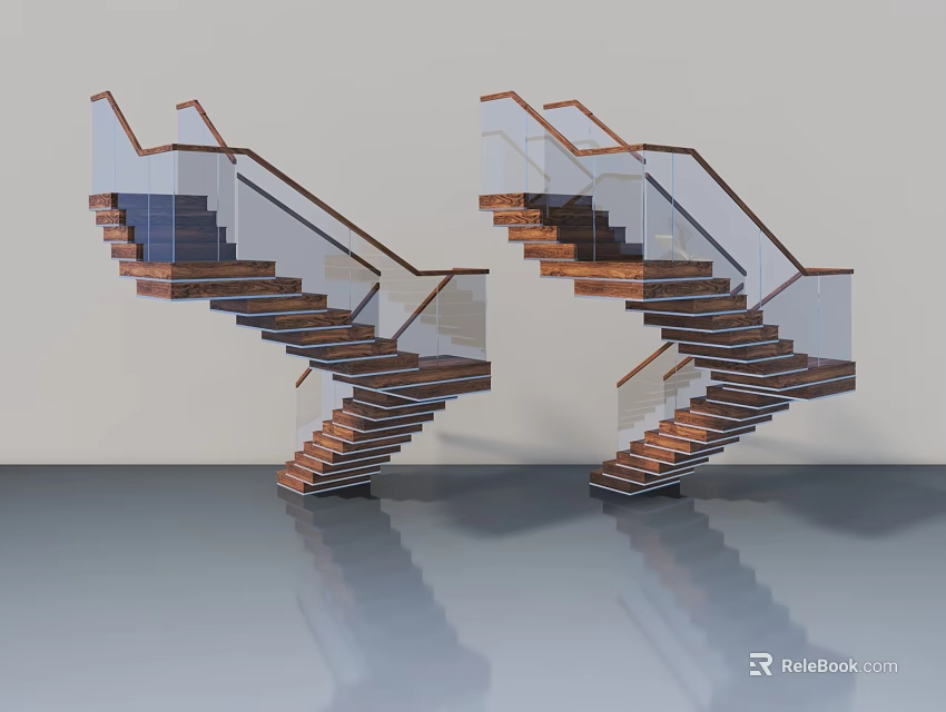 Modern Spiral Stairs With Wooden Steps Glass Railings And Reflective Floor 3d model 