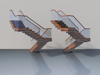 Modern Spiral Stairs With Wooden Steps Glass Railings And Reflective Floor 3d model