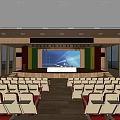 Spacious Conference Room With Stage Large Screen Podium And Rows Of Seats