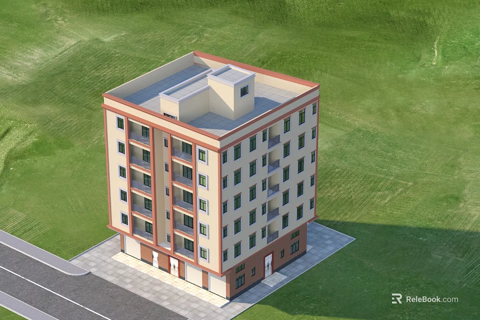 Detached Villa Multi Story Exterior With Light Beige Facade Red Accent Trim And Green Lawn 3d model 