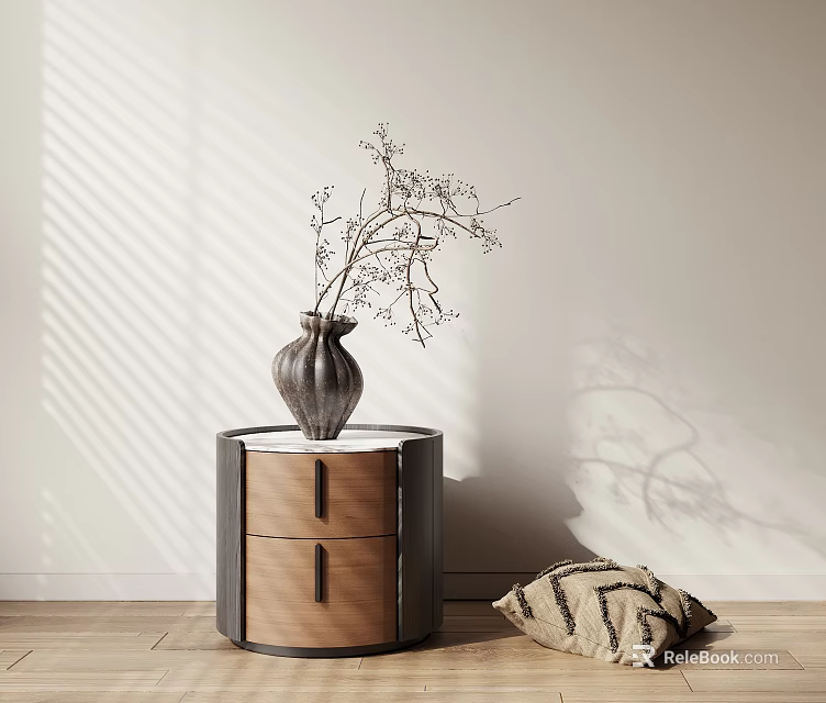 Modern Wooden Nightstand with Two Drawers and Vase Holding Dried Branches in Sunlight Shadow 3d model 