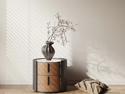 Modern Wooden Nightstand with Two Drawers and Vase Holding Dried Branches in Sunlight Shadow 3d model