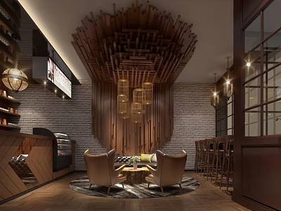 Cozy Café Interior with Wooden Ceiling Design Brick Wall and Comfortable Seating 3d model