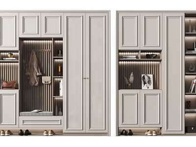 Modern Shoe Cabinet With White Doors Storage Hanging Area Display Shelves And Interior Lighting 3d model
