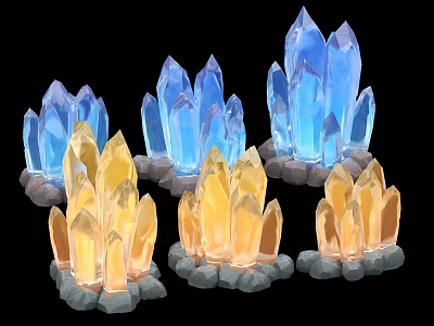 Beautiful Elegant Blue Yellow Crystal Clusters Placed On Natural Stone Wood Base 3d model