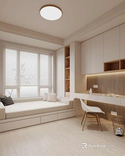 Modern Tatami Bedroom Interior with Window Blinds Bookshelf Desk and Chair 3d model 