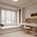Modern Tatami Bedroom Interior with Window Blinds Bookshelf Desk and Chair