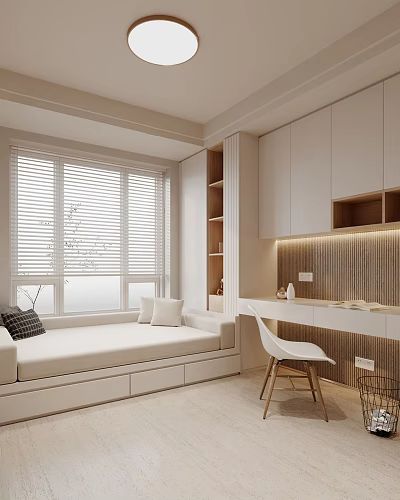 Modern Tatami Bedroom Interior with Window Blinds Bookshelf Desk and Chair 3d model
