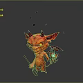 Red Imp Game Movie Character With Horns Large Ears Holding Pitchfork Lantern And Floating Cubes