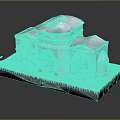 Stone Architectural Model Building With Arched Doorways Gray Roof And Square Base