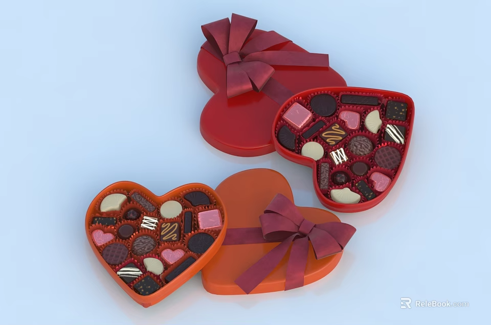 Open Heart Shaped Chocolate Box With Assorted Chocolates And Red Bow 3d model