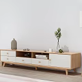 Modern White And Wooden TV Stand With Decorative Plants Books And Floor Lamp