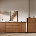 Modern Wooden Entryway Cabinet and Side Cabinet with Floor Lamp Artwork and Decorative Items