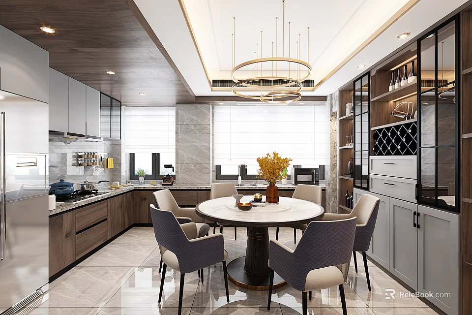 Modern Open Kitchen Interior With Round Dining Table Chairs Chandelier And Cabinets 3d model