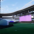 Football Stadium Featuring Arched Roof Stand Seats Purple Central Stage Green Pitch And Blue Track