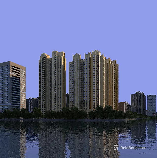 Waterfront Residential High Rise Buildings With Yellow Exterior Glass Windows Trees And Other Buildings 3d model 