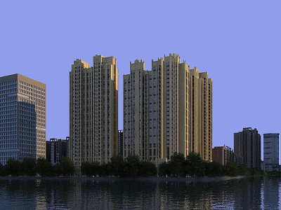Waterfront Residential High Rise Buildings With Yellow Exterior Glass Windows Trees And Other Buildings 3d model