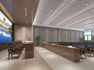 Modern Conference Room Interior Design With Long Tables Chairs Large Screen And Lighting 3d model