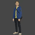 Child Standing In Blue Jacket Yellow T-shirt Black Pants And Gray Shoes