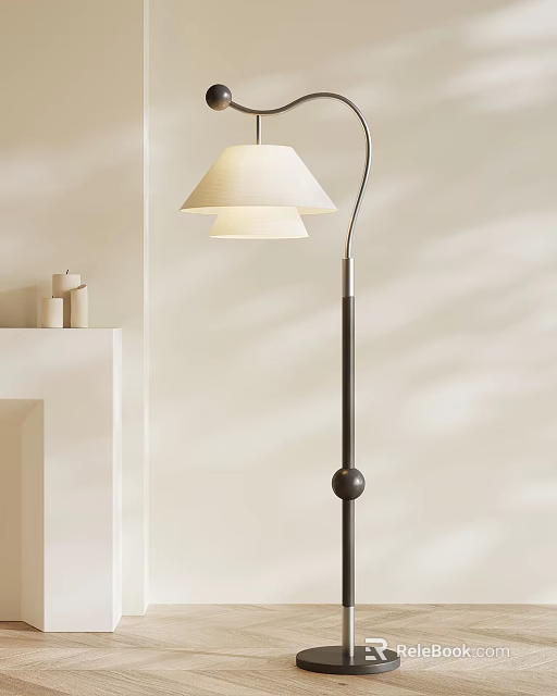 Modern Floor Lamp With Double White Shades And Black Pole For Cozy Interior 3d model 