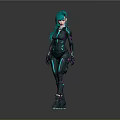 Sleek Futuristic Female Character With Teal Hair Black Bodysuit Green Glowing Lines