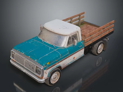 Vintage Blue And White Truck Model With Wooden Bed And Weathered Texture 3d model