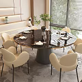 Elegant Modern Restaurant Interior With Round Marble Dining Table And Beige Chairs 3d model