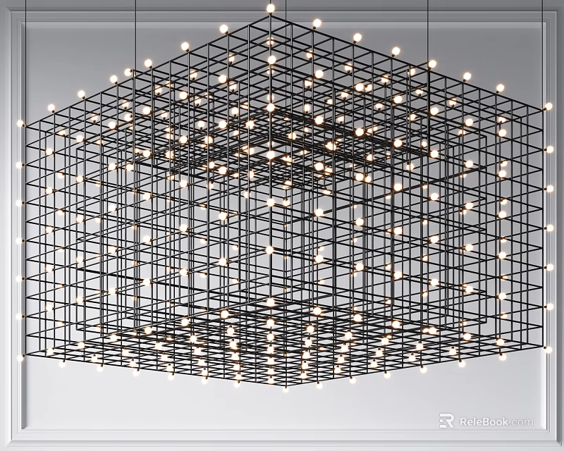 Modern Cube Chandelier with Black Metal Frame and Small Bulbs Geometric Structure for Interior Lighting 3d model 