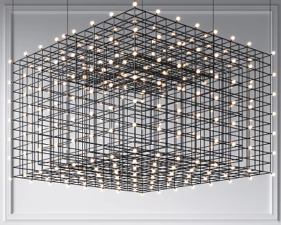 Modern Cube Chandelier with Black Metal Frame and Small Bulbs Geometric Structure for Interior Lighting 3d model