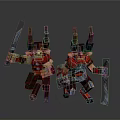 Two Men in Red Warrior Armor with Horned Helmets Holding Swords and Staffs