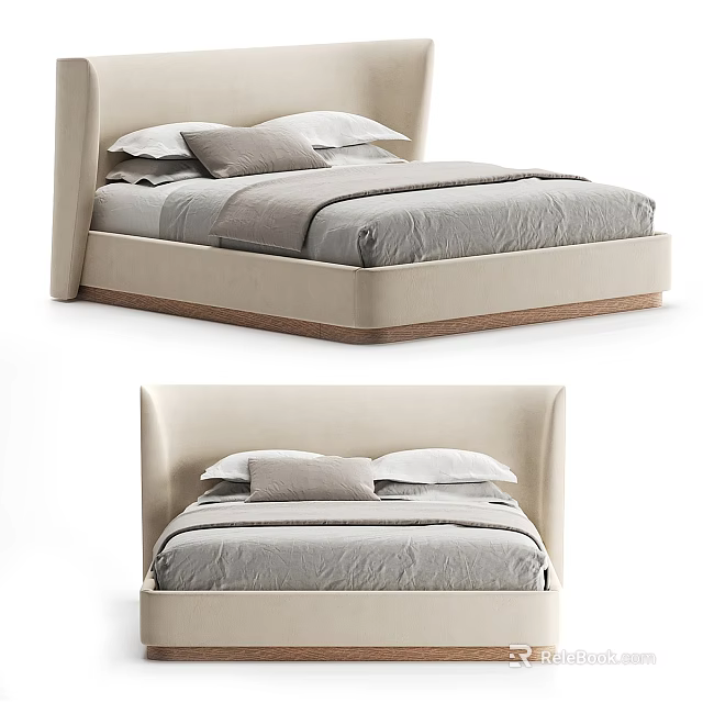 Elegant Modern Double Bed With Beige Upholstered Headboard And Gray Bedding 3d model
