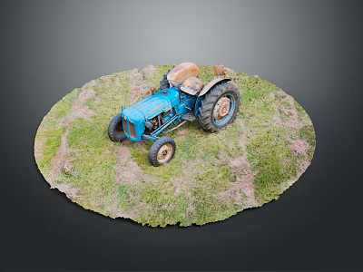 Detailed Blue Tractor Model on Circular Grassy Base with Dirt Tracks 3d model