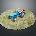 Detailed Blue Tractor Model on Circular Grassy Base with Dirt Tracks 3d model