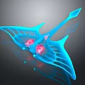 Bioluminescent Ray With Blue Transparent Wings And Red Glowing Spots In Dark Marine