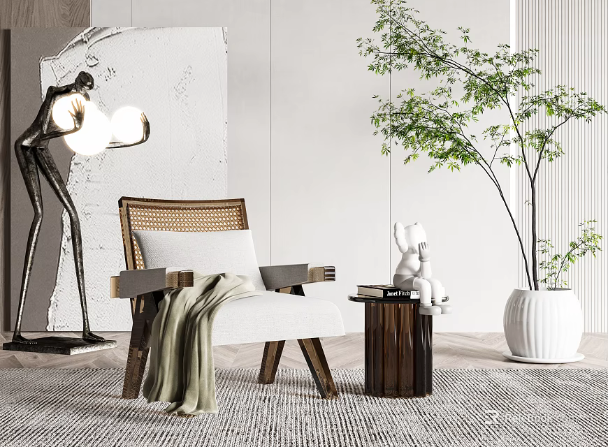 Elegant Single Sofa With Wooden Armrests Wicker Back Side Table Potted Plant And Decorative Items 3d model 