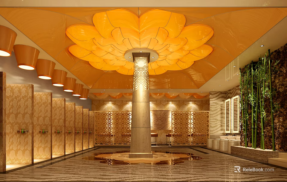 SPA Sauna Interior Design Featuring Orange Lotus Shaped Ceiling Light Column Lockers And Bamboo Decor 3d model 