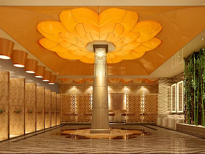 SPA Sauna Interior Design Featuring Orange Lotus Shaped Ceiling Light Column Lockers And Bamboo Decor 3d model