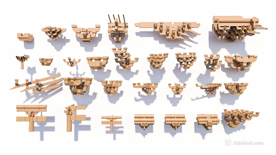 Various Wooden Building Components Showcasing Different Structural Designs And Shapes 3d model