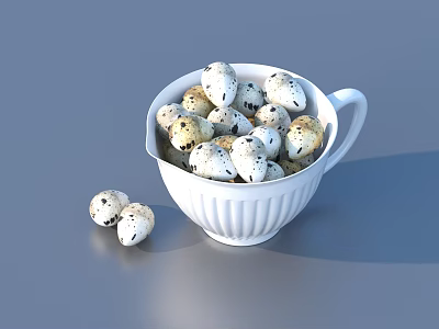 Fresh Spotted Quail Eggs in White Ceramic Cup with Two Eggs Beside 3d model