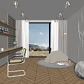 Modern Study Desk Chair Lazy Sofa Moon Lamp Ornaments Combination 3d model