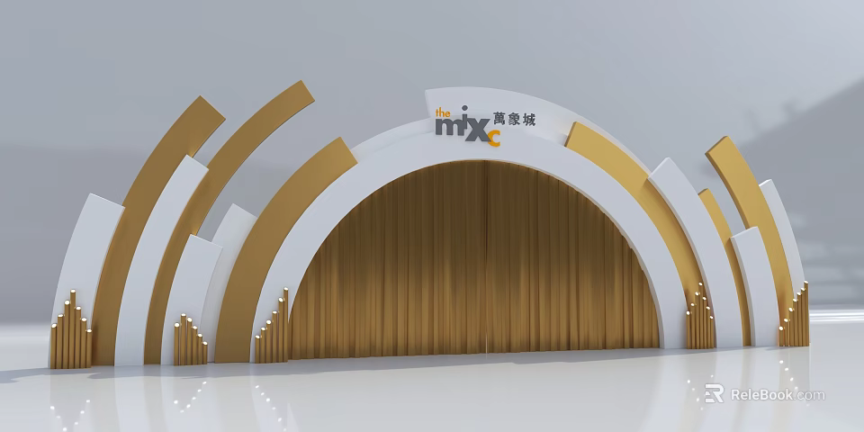 Event Entrance With Arched White And Gold Design Curtain Background And MixC Logo 3d model 