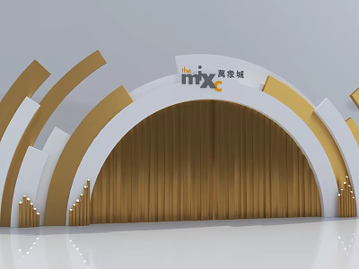 Event Entrance With Arched White And Gold Design Curtain Background And MixC Logo 3d model