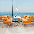 Open Seaview Cafe With Pink Sofas Orange Chairs And Marble Floor 3d model