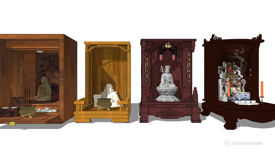 Buddhist Shrine Cabinets With Various Wooden Designs And Buddha Statues Inside 3d model 