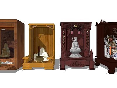 Buddhist Shrine Cabinets With Various Wooden Designs And Buddha Statues Inside 3d model