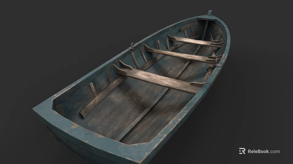 Vintage Wooden Boat With Blue Hull And Interior Wooden Planks Structure 3d model 