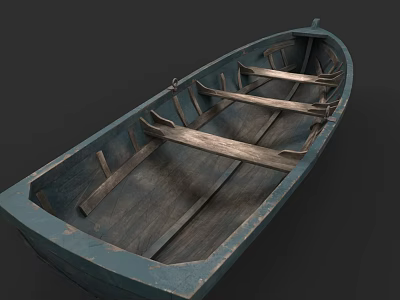 Vintage Wooden Boat With Blue Hull And Interior Wooden Planks Structure 3d model