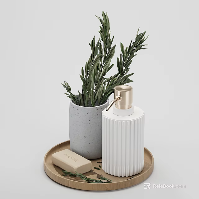 Stylish Decorative Ornament Set With Wooden Tray Olive Branches Soap And Gold Pump Dispenser 3d model 