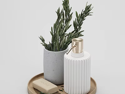 Stylish Decorative Ornament Set With Wooden Tray Olive Branches Soap And Gold Pump Dispenser 3d model