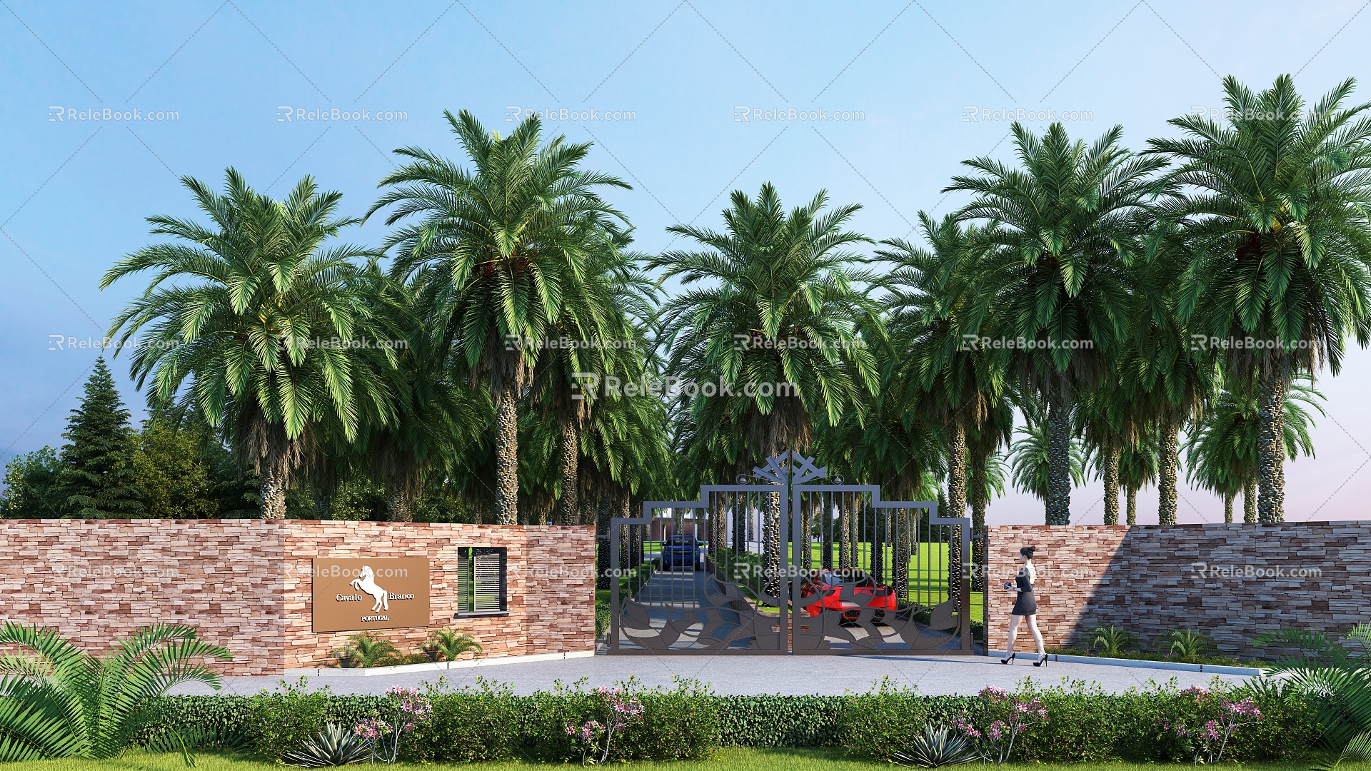 Coconut tree tree flowers and plants wrought iron gate 3d model